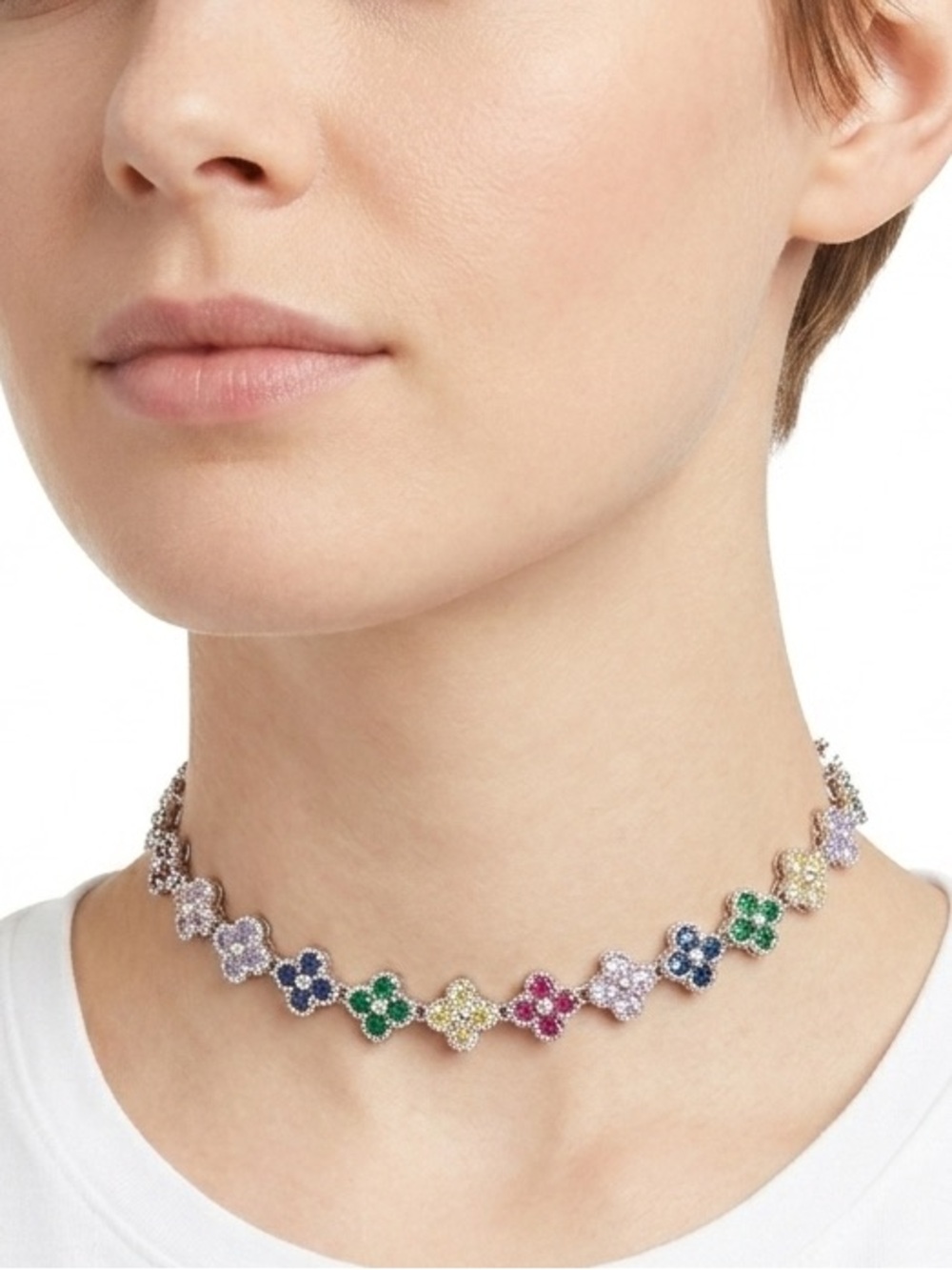 White Gold Filled NEW Multi-Color CZ Quatrefoil Flower Tennis Necklace with Box